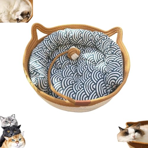 おもちゃのしっぽ付きキャットベッド、丈夫な手編みのペットバスケット、傷に強くお手入れ簡単、あらゆるサイズの猫と犬に(C-2,L)