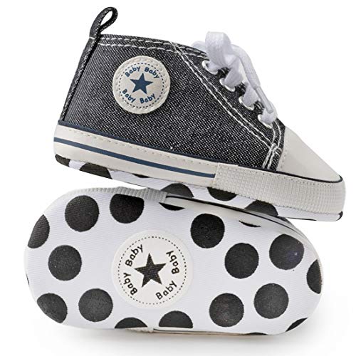 Image of KIDSUN Tutoo Unisex Baby Boys Girls High Top Sneaker Soft Anti-Slip Sole Newborn Infant First Walkers Canvas Denim Shoes