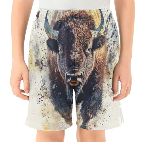 Bison Watercolor Animal Shorts Casual for Boys Trendy Athletic Shorts Funny Pj Kids Trunks 7-82
