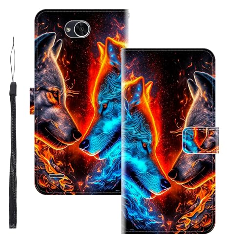 WUACYEAMING Funda para LG X Power 2,con Soporte/Ranura de Tarjeta Cubierta Premium Magnético Suporte TPU Protectora Fundas PU Cuero Flip Multifuncional Dos Lobos