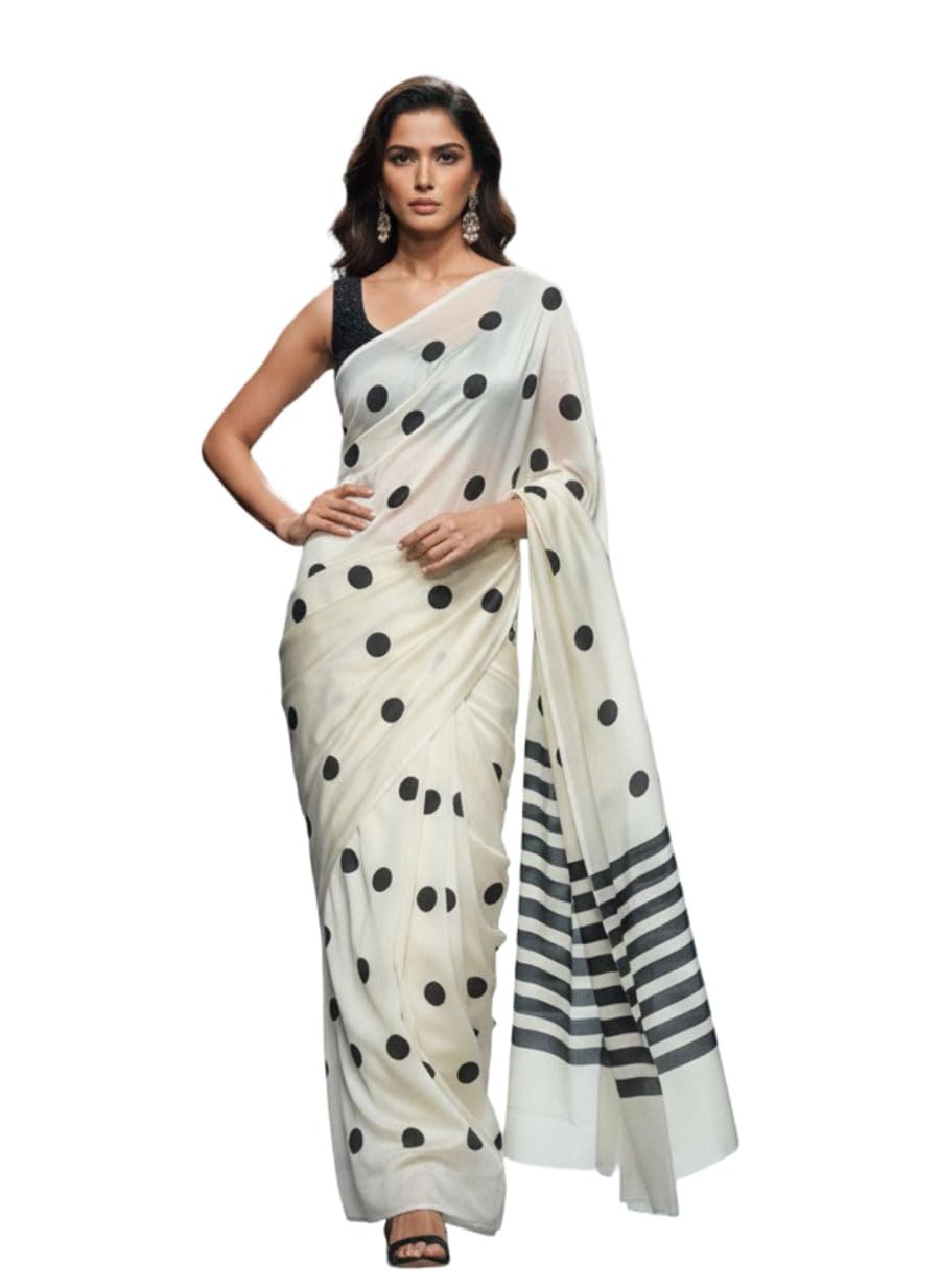 Designer Polka Dot and Striped Digital Print Saree, Original Model Silk, 6.30 Meter with Blouse Piece, Black and White-image-27
