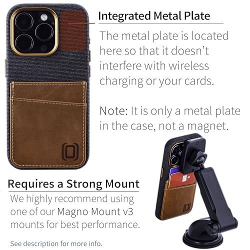 Image of Dockem Fabric Card Case for iPhone 15 Pro with Built-in Metal Plate for Magnetic Mounting, Stitched-on Genuine Leather Wallet with 2 Credit Card /ID Slots: M2F 15 Pro [Grey w /Light Brown]