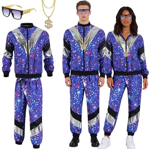 MINGJAY Disfraces Años 80 Hombre Mujer,Disfraz Chándal Años 80,Disfraz Añose 80 Hombre Mujer,con Chaqueta,Pantalón,Collar,Gafas,Disco Chándal,para Carnaval Fiesta de Halloween Cosplay