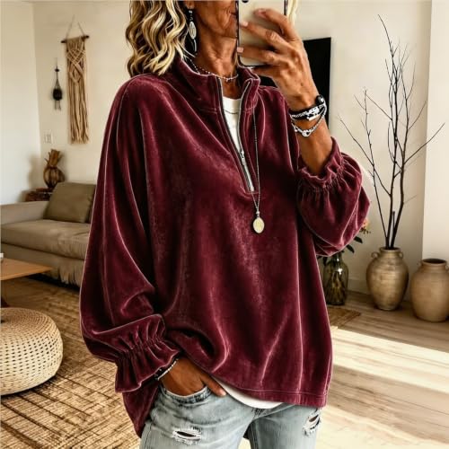 JiXiang Mock Neck Sweatshirt Women Puff Long Sleeve Elegant Velvet Pullover Tops Fall Oversized Half Zip Stand Collar Blouse - image 3