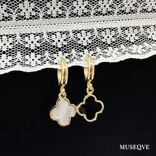 Four Leaf Clover Dangle Earrings for Women • 14K Gold Plated White Mother of Pearl/Black Onyx/CZ Diamond Lucky Clover Charm Drop Huggie Hoops Earrings [CVRE]4