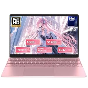 Laptop Estudiantil FHD de 15.6″ Rosa, 16GB DDR4 RAM 512GB PCIe SSD, Computadora Portátil con Teclado Retroiluminado, Apertura de 180°, Lector de Huellas Dactilares, Batería de 6000mAh, Cámara Web