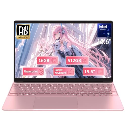 15.6' FHD Student Laptop Pink,16GB DDR4 RAM 512GB PCIe SSD,Portable Laptop Computer with Backlit Keyboard,180 ° Angle Opening,Fingerprint Reader,6000mAh Battery,Webcam,WiFi 5,BT 4.2,HDMI,USB 3.0