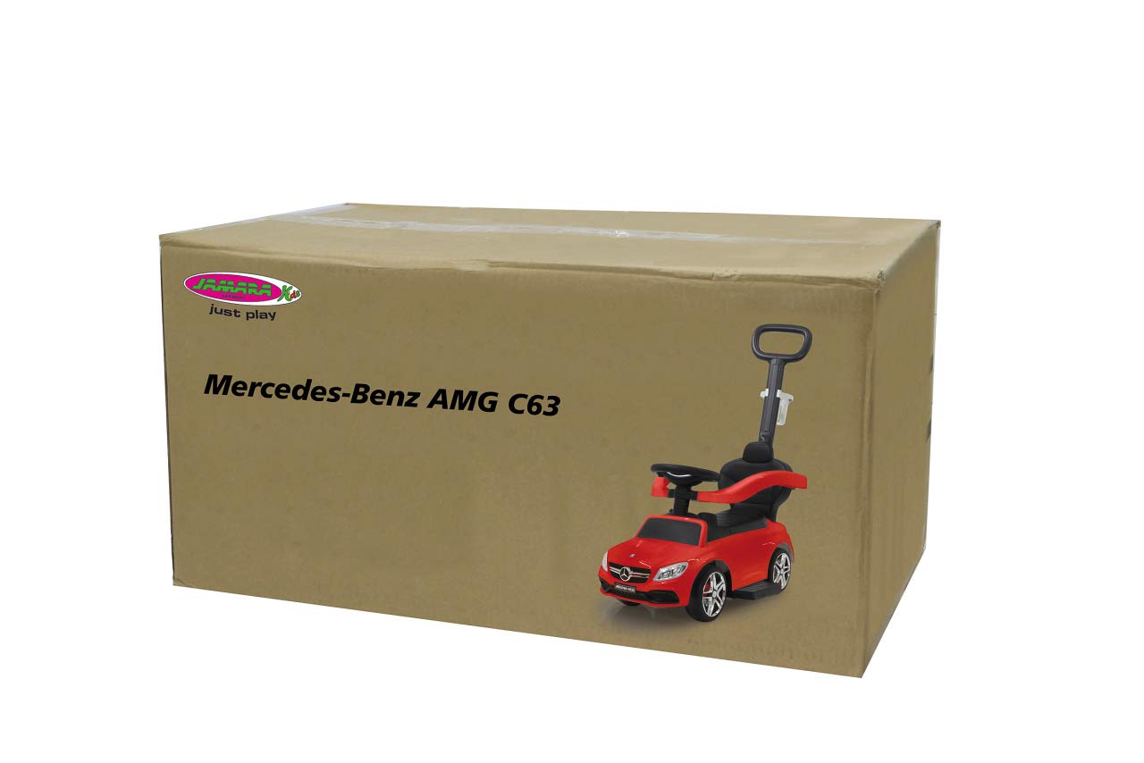 Jamara 460446 - Correpasillo Mercedes-AMG C 63 Rojo 3en1 – Antivuelco, Asiento en Piel sintética, Sonidos, Luces, Protección Lateral, Soporte con función de dirección