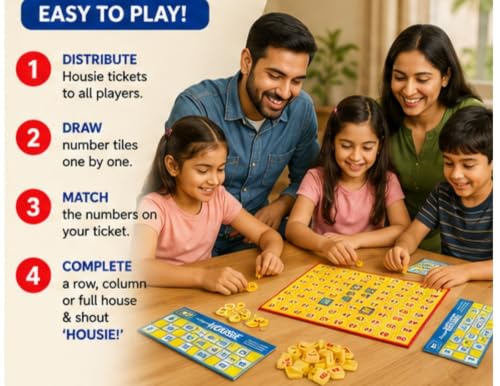 Image of Housie 72 Cards Premium Tambola Game Set | Bingo Board Game with 72 Reusable Cards, 90 Number Tiles & Master Board | No Pen No Paper Required | Family Party Game for Kids & Adults | Festival Fun