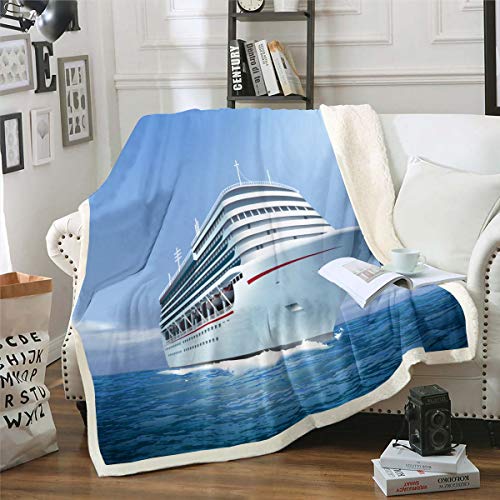 Hawaiian Ocean Sherpa Throw Blanket Sea Ship Printed Fleece Blanket Cruise Ship Fuzzy Blanket for Sofa Couch Women Summer Holiday Vacation Plush Blanket Room Decor Flannel Blanket Twin 60"x8
