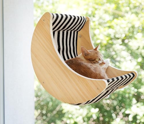 Image of Cat Window Perch, Plywood Moon Bed with 4 Heavy-Duty Suction Cups | Window-Mounted, Drill-Free, Up to 40 lb Support, For Small to Medium Cats, Spacious Lounging Area, Machine-Washable Pad