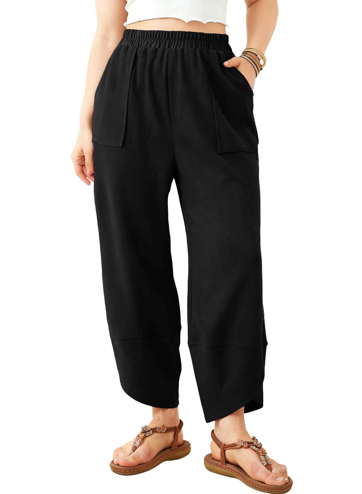 AlvaQ Womens Plus Size Pants Casual Loose High Elastic Waist Wide Leg Palazzo Capri Harem Sweatpants with Pockets