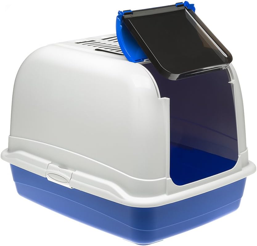 Ferplast Hooded Cat Litter Tray Box Large Cats, Maxi Bella Cat Toilet Box Large Catswith Door and 2 Activated Carbon Filters Against Bad Odors, 50 x 65,5 x 47 cm, Light Blue