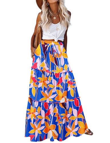 Zeagoo Women's Summer Floral Printed High Waist A-Line Maxi Skirt with Pockets - Blue Floral - M