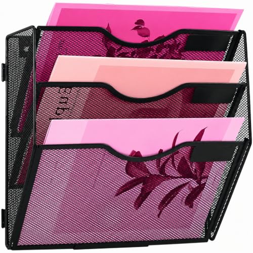 ideallife 3 Pockets Mesh Wall File Holder Organizer Office Hanging File Folder Magazine Rack, Nametag Label Hooks Set Included (Black)