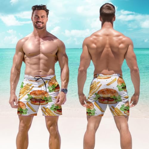 Hamburger Lovers Mens Swim Trunks - Fast Food Quick Dry Mens Board Shorts with Mesh Lining Swimwear Bathing Suits Set 242