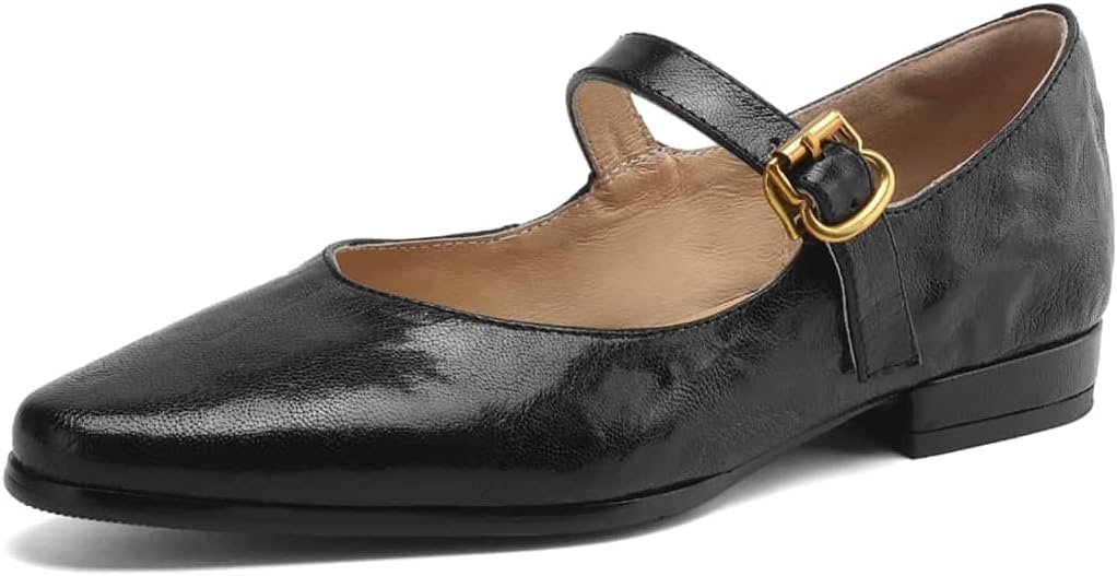 TinaCus Handmade Women's Genuine Leather Round Toe Metal Buckle Classic Mary Jane Flats