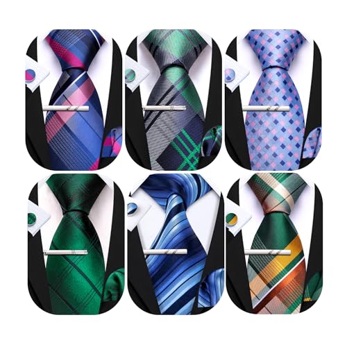 Image of Barry.Wang 6 PCS Men Ties Set Silk Business Fashion Woven Necktie Handkerchief Cufflinks Paisley Stripe Wedding Party