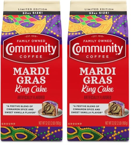 Community Coffee Mardi Gras King Cake Flavored 32 Ounces, Medium Roast Ground Coffee, 32 Ounce Bag (Pack of 2)
