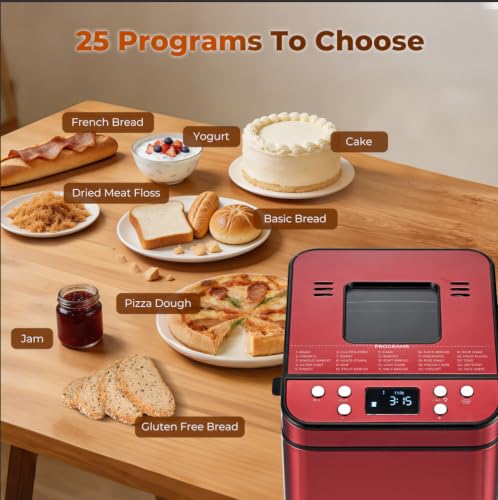 Image of Rosewill 25-in-1 Automatic Bread Maker Machine with 3 Loaf Size up to 2LB, 700W High Power Dual Heater Bread Maker with BPA-free Nonstick Coating Pan, Max 15 Hours Delay Timer, Low Noise - Red Velvet