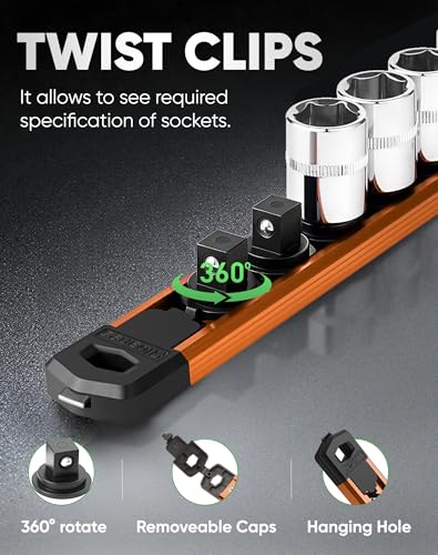 Image of ALOANES Magnetic Socket Organizer Set, 3 /8-Inch Drive Heavy Duty Aluminum Socket Rail Organizer, 360 Swivel Clips Socket Holder Kit for Toolbox Drawer Fit 3 /8-Inch x 14 Clips (Orange, 1PC)