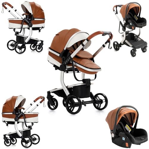 Sianldcone Cuero PU Carrito Bebe 3 en 1, Tejidos de Primera Calidad Carro Bebe 3 Piezas, Empuje Bidireccional Carros Para Bebes, Visión Abierta Silla Paseo Reversible (518 Khaki)