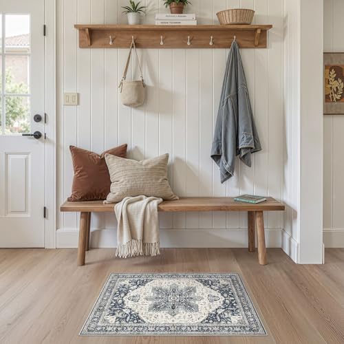 Tortania Area Rug 2x3 Doormat - Washable Vintage Oriental Farmhouse Soft Thin Indoor Carpet for Living Room Bedroom Hallway Entryway Kitchen - Indigo