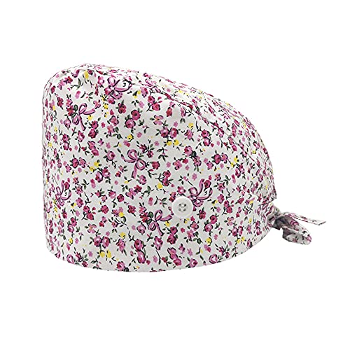 MIYAA 4 Pcs Bonnets Bouffants Réglable Scrubs Caps Tie Back Hats with Button and Sweatband Impression Floral Bow pour Femmes et Hommes, Blanc, Taille Unique Cover