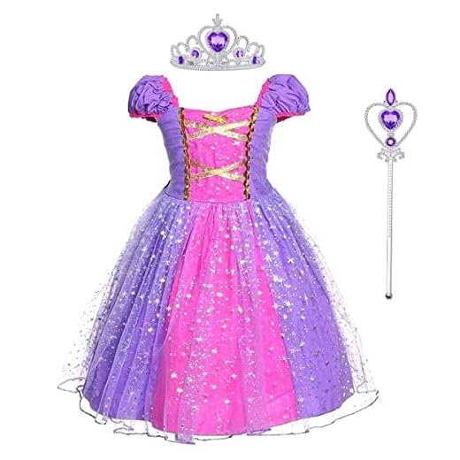 M MUNCASO Rapunzel - Vestido de princesa con corona y varita mágica, disfraz de niña para cosplay, vestido de flores hinchado para verano, desfiles, fiestas, disfraces, Halloween (6-7 años)