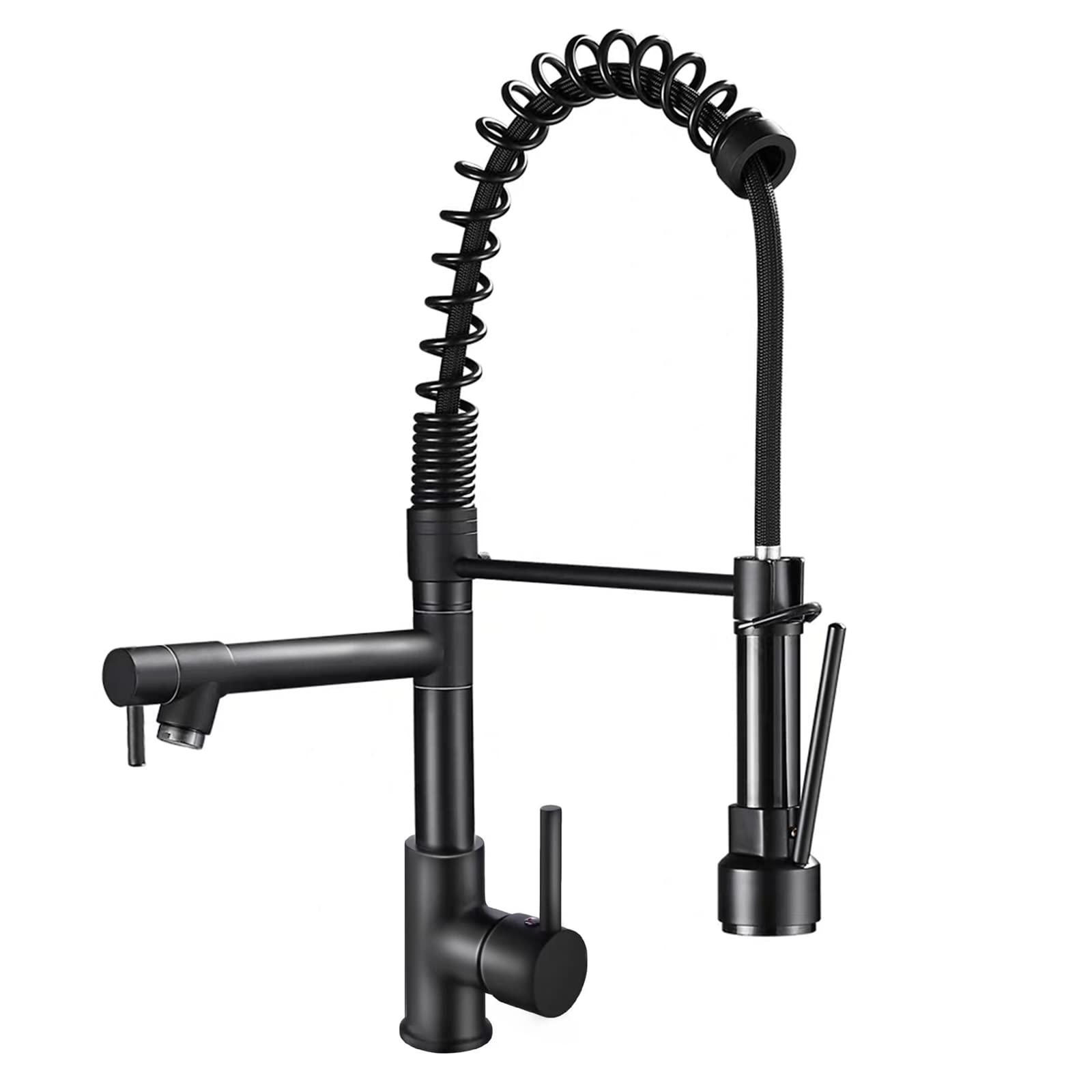 18 Inch Black Kitchen Faucet with Pull Down Sprayer, Dual Morden Commercial Single Handle Single Hole Double Spout LED Spring Kitchen Sink Faucet, Matte Black, Brass