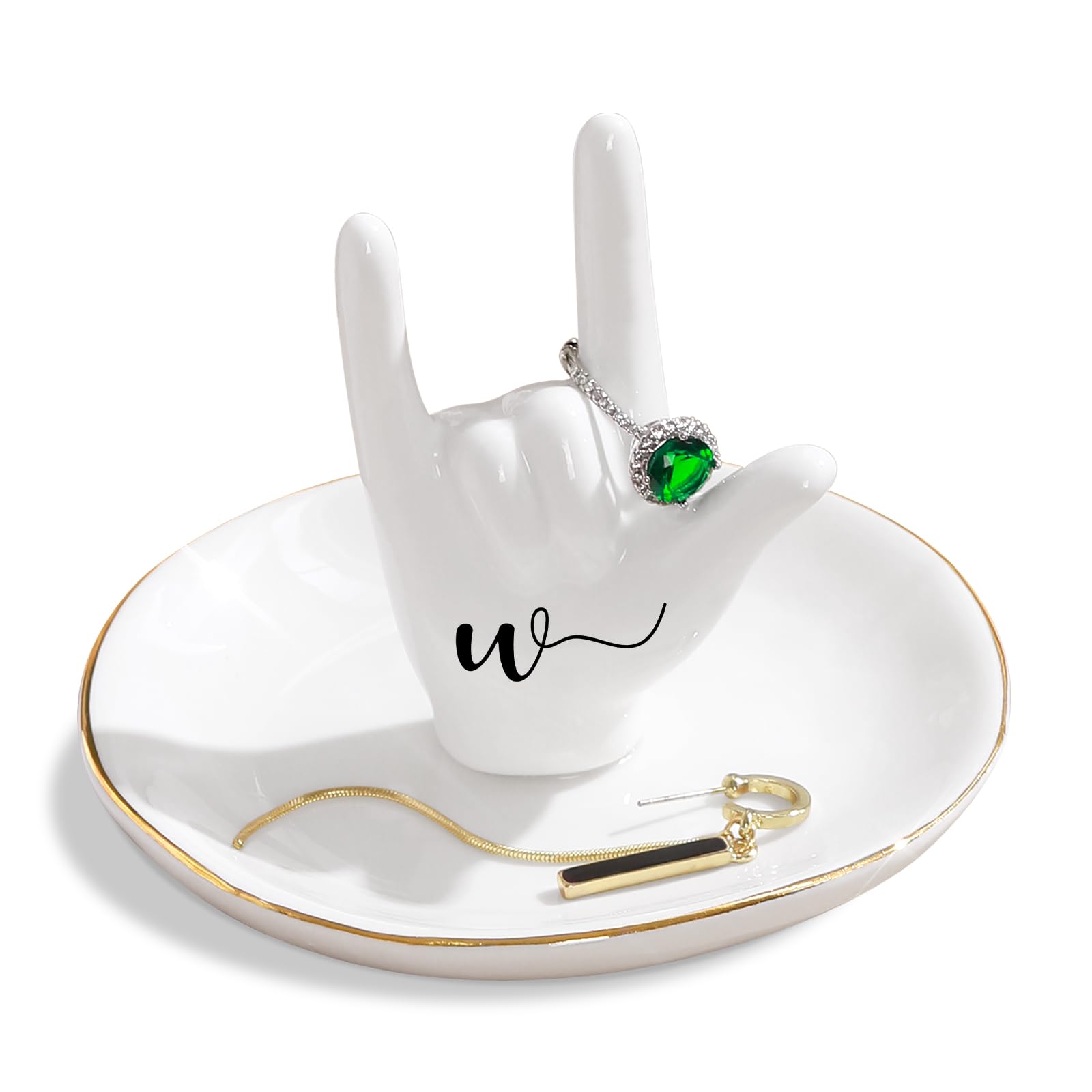 PUDDING CABIN Initial Ring Holder Hand Ring Dish Ring Tray for Jewelry Rings Earrings Bracelet Organizer, Monogrammed Gifts for Women Valentine's Day, Birthday, Wedding, Mothers Day, Bride Gifts