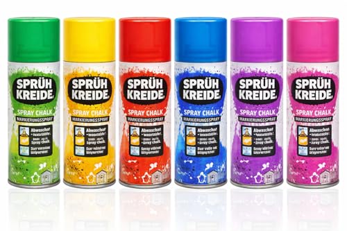 TrendandStylez Buntes Sprühkreide Set (je 100ml) | 6 12 oder 24 Dosen | Abwaschbares Kreidespray für Kinder & Party | Temporäres Markierungsspray für Auto Straße & Deko (6 Stück Bunt)