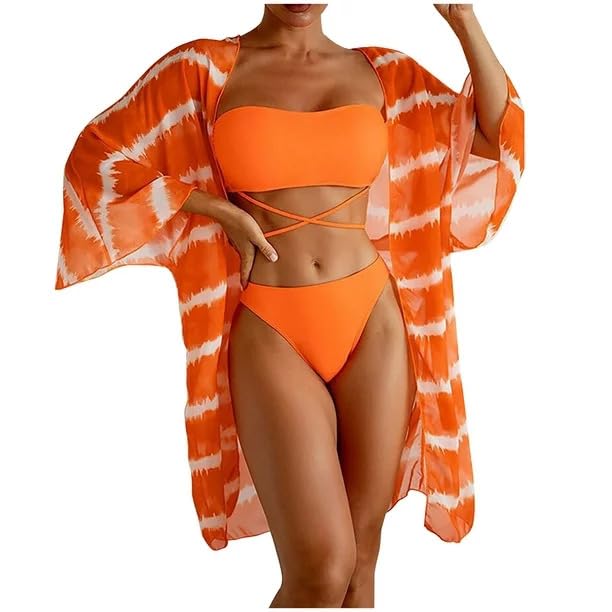Image of AARAM Sexy Hot Beach Bikini Set for Women, Women's 3 Piece Beach Wear Stylish Printed Shorts Cardigan Suit Swimwear, Three-Piece Co-ord Set for Pool Vacation Honeymoon Beachwear
