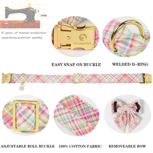 Image of DOGWONG Easer Dog Collar with Sailor Bow,Colorful Plaid Dog Collar, Adjustable Durable Soft Easter Dog Collars for Male Female Dogs,S