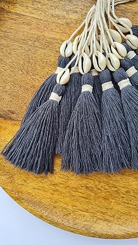 Image of Zippy Flora Handmade Cotton Tassels with Cowrie Shells for DIY & Crafts Project, Pack of 10 (Dark Grey)