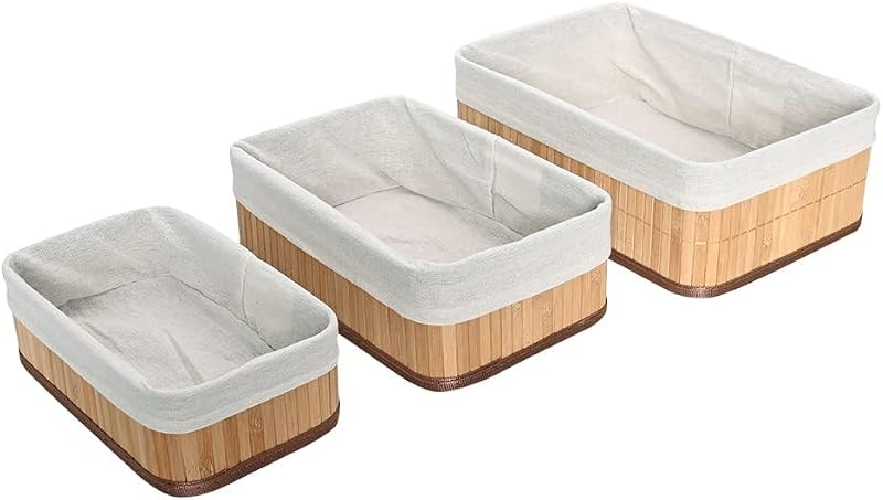 Organizador 3 Cestos Grandes de Bambu – Cestos Organizadores Grandes com Tecido Removível – Ideal para Lavanderia, Banheiro, Quarto e Closet – Material Sustentável