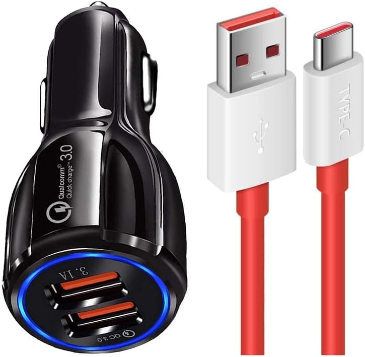 30W Car Charger for Jeep Renegade Original QC Adapter Type C 3.0A High Speed Fast Turbo Charge QC 3.0 Smart DualPort with 1m Type-C Red Charging & Sync Cable (Black, SG.A5)