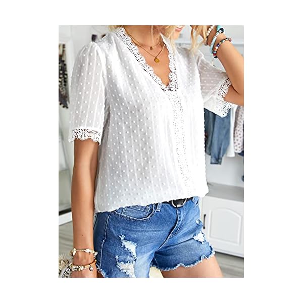 FARYSAYS Womens White Lace Shirts Chiffon Blouses Summer Classic Vintage Elegant V Neck Short Sleeve Tunic Tops for Work Office Ladies Medium