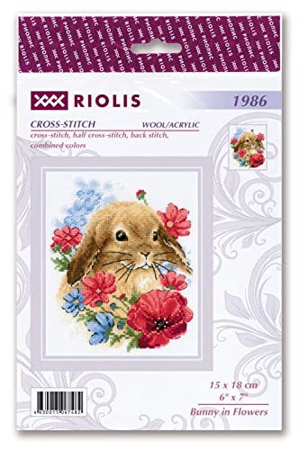 Image of RIOLIS - Bunny in Flowers 1986, Animals Cross Stitch Kits 6 inchx7 inch, Cross Stitch Kits for Beginners & Advanced, Crossstitching Kit Adult, Embroidery Counted Stitching Kit