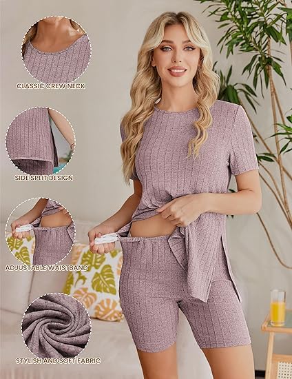 Image of Ekouaer Maternity Sets 2 Piece Outfits Ribbed Knit Short Sleeve Shirts and Biker Shorts Pregnancy Loungewear Mama Clothes