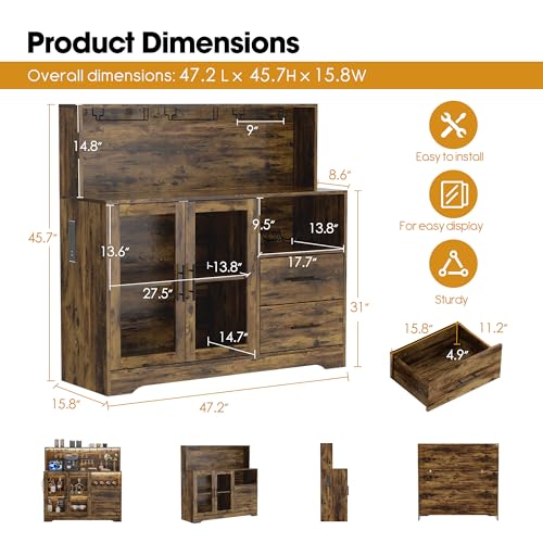Grepatio Wine Bar Cabinet with RGB Light, Liquor Cabinet with Wine Rack and Glass Holder, Coffee Bar Cabinets with USB Power Outlet, Wine Cabinets with Drawers for Home, Kitchen, Living Room (Rustic)