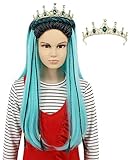 Karlery Kids Girls Long Braid Straight Green and Black Mixed Wig with Green Crown Halloween Cosplay Anime Costume Party Wig