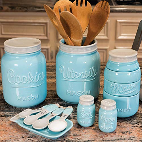 Mason Cookie Jar With Lid - Large Airtight Ceramic Kitchen Canister - Vintage Farmhouse Storage Jars With Lids - Rustic Decorative Air Tight Container For Cookies, Cracker, And Other Snacks (Blue) #TOP5