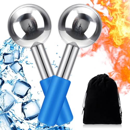 Baderke 2 Pcs Ice Globes for Face Stainless Steel Cooling Globes Unbreakable Cooling Roller Women Ice Balls Cryo Sticks Facials Skin Care for Dark Circles, Puffiness(Gold (White Handle))