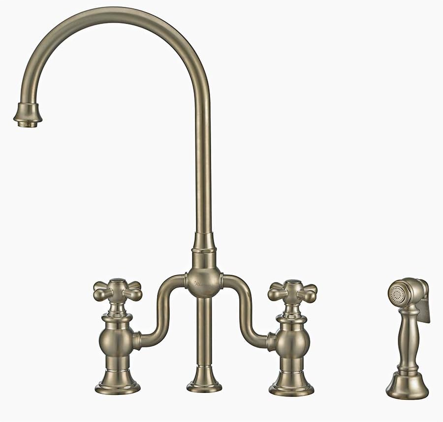 Whitehaus Kitchen Faucet; Gooseneck Swivel Spout, Cross Handles, Brass Side Spray; Oil Rubbed Bronze