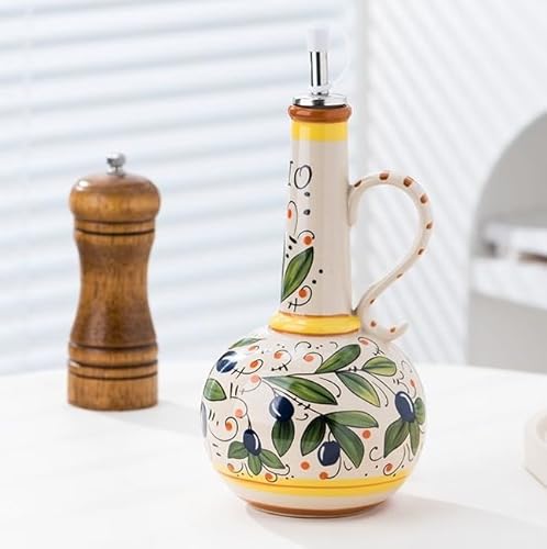 Ceramic Olive Oil Dispenser Bottle 23oz, Hand Painted Olive Oil Bottles, Decorative Stoneware Olive Oil Cruet for Kitchen with Stainless Steel Spout for Oils, Sauces, Vinegar