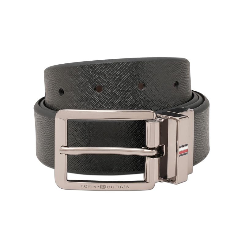 Brooklet Men's Leather Reversible Belt | 3.5Cm Saffiano Textured Belt With Shiny Gunmetal Th Stripe Buckle | Size - S 80Cm-image-6