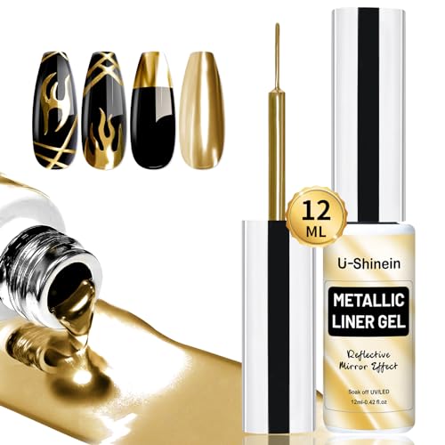 U-Shinein Gold Painting Gel, Update Painting Gel, Strong Reflection Nail Gel Nail Art Paint, Metallic Painting Nail Gel, Mirror Effect Premium Salon Nail, 12ml