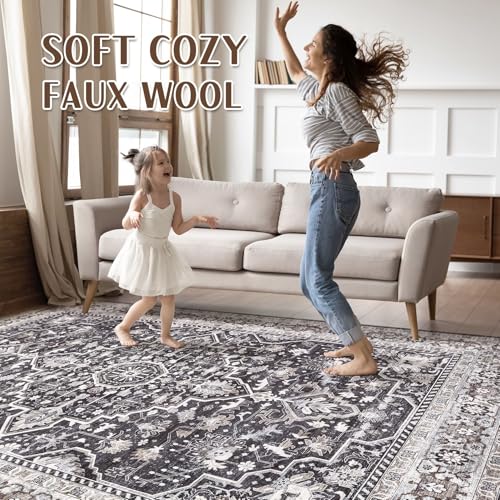 9x12 Area Rug Living Room: Washable Boho Large Vintage Moody Soft Rugs Distressed Oriental Stain Resistant Non-Slip Indoor Floor Carpet for Bedroom Playroom Office Dining Room Retro Home House- Black
