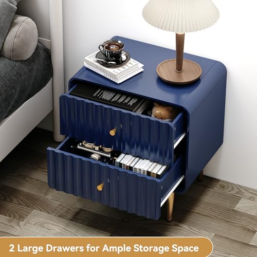 Image of HLR Night Stand Set of 2, Fluted Modern Bedside Table with 2 Drawers, Blue